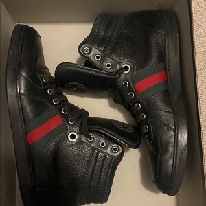 Gucci Black Leather Sneakers with Red and Green Accents